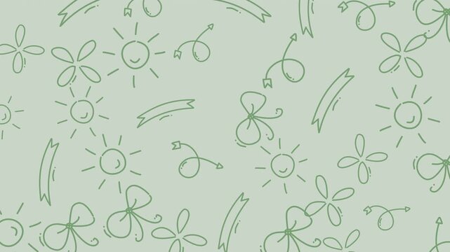 Light green wallpaper featuring cute suns, ribbons, and flowers sketches. Ideal for childrens room decor or springthemed designs.