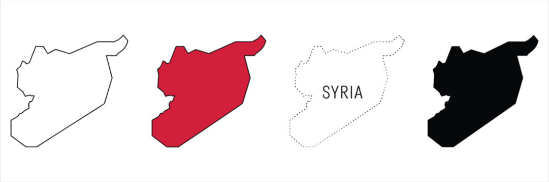 Set of four syria map outlines in black, red, and dotted styles