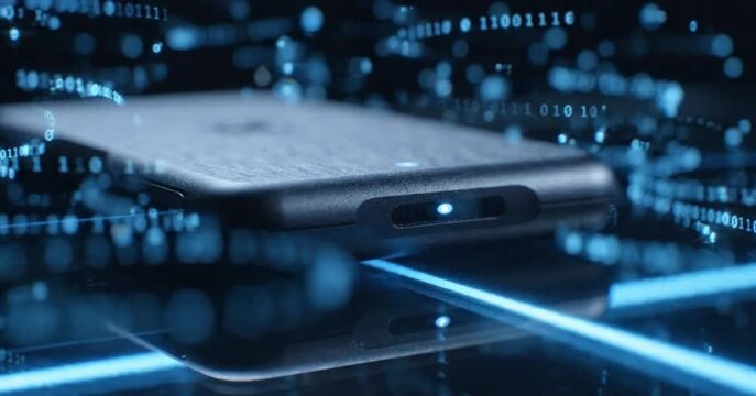 Futuristic Concept of Data Transfer with External SSD. Macro Shot of Portable Storage Device with Animated Binary Code and Blue Light Rays. Cybersecurity and Digital Cloud Computing.