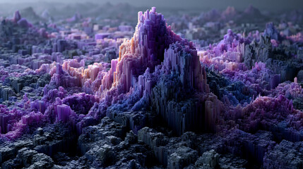 Fototapeta premium A conceptual high-angle shot of a sprawling blocky landscape featuring crystalline peaks and valleys in vibrant shades of purple, blue, and pink.