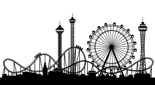 Amusement Park Silhouette: Roller Coaster, Ferris Wheel, and Towers