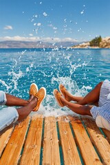 Fototapeta premium Couple sitting on a wooden dock splashing feet in clear blue sea on a sunny summer day