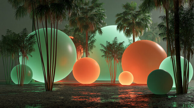 High-detail artistic composition of neon green and orange glowing spheres placed among tall palm trees in a misty, atmospheric tropical setting at night.