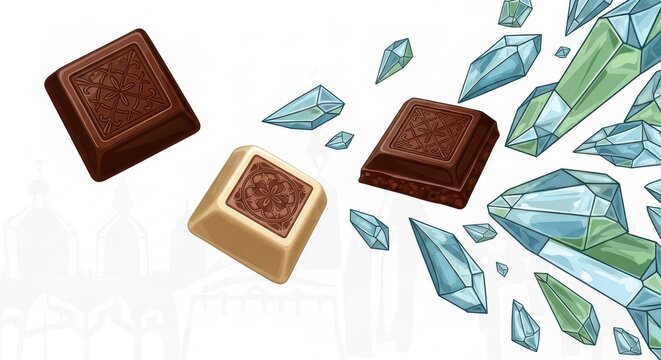 Chocolate candies with gemstones scattered.