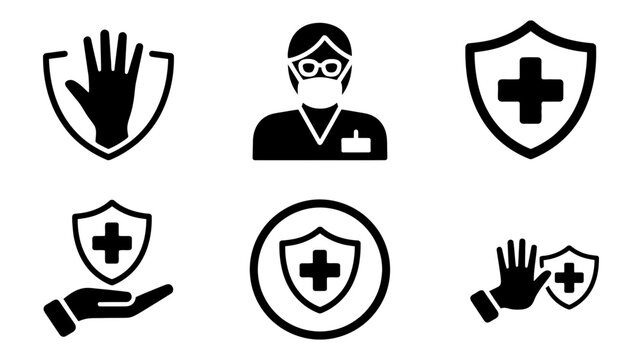 Healthcare protection icons: hand shield doctor medical cross shield icon with protection, treatment