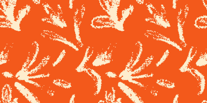 Seamless  foliage pattern in cream on bright orange background. Bold tropical texture ideal for textiles, wallpaper, packaging and branding. Clean repeat for large scale printing