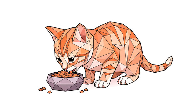 Low poly geometric illustration of a cute orange cat eating food from a bowl, featuring modern polygon art style on a clean minimal background.