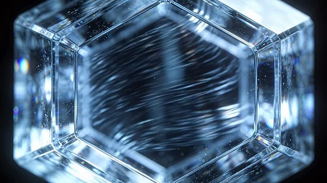 Close up of transparent hexagonal crystal with geometric facets and light refraction