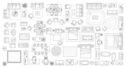 Collection of Hand Drawn Architectural Floor Plans and Furniture Layouts. © Garu