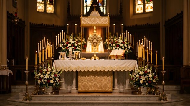 Priests perform ritual at altar with flowers and candles inside church