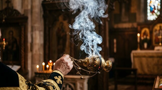 Priest holding incense censer in church with smoke rising