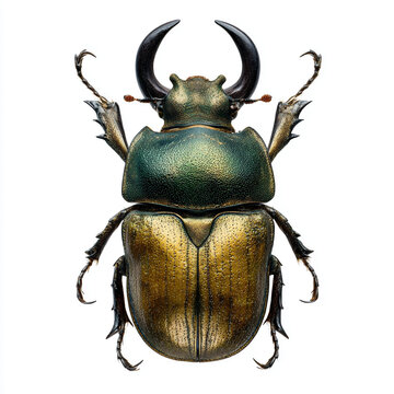 male rhinoceros beetle with metallic olive green elytra isolated on white, symmetrical rhinoceros beetle dorsal front view with massive horns, realistic horned scarab beetle with glossy green 