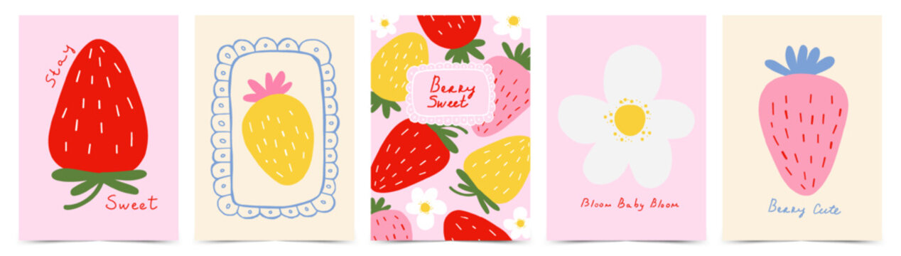Strawberry poster set with hand drawn berries, flowers and letterings in whimsical playful doodle style. Printable wall art for nursery decor, greeting card, kitchen and summer design. Vector