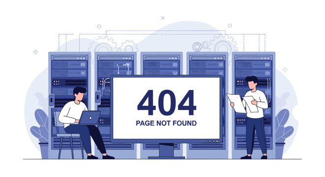 Technicians working in a server room while a large monitor displays a 404 page not found error message with gears in background.