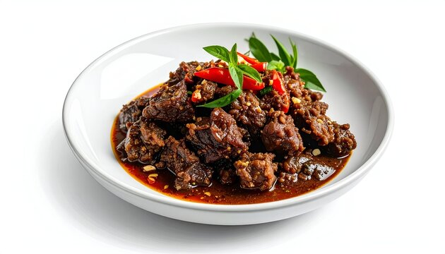 Exquisite authentic Asian culinary photography highlighting a rich dark brown beef stew garnished with fresh red chilies.