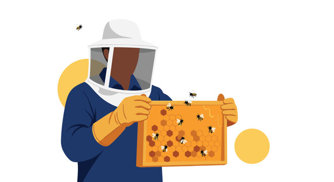 Professional beekeeper wearing protective gear and gloves while holding a wooden frame filled with honeycomb and buzzing bees.