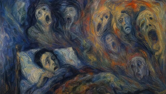 Man Suffering from Nightmares and Sleep Paralysis Expressionist Painting Style