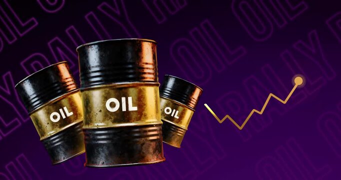 3D oil barrels with upward financial growth chart on purple background, ideal for business video loop, economics stock market, and petroleum trading.