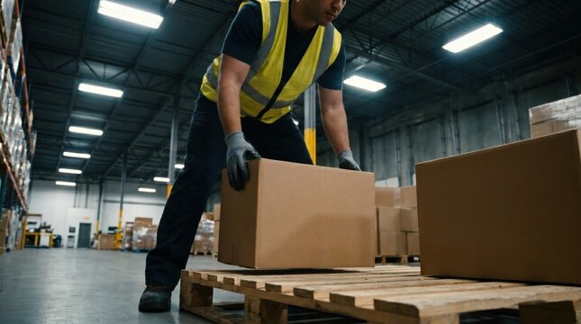 A professional male worker wearing a safety vest and gloves lifting a cardboard box from a pallet in a warehouse.