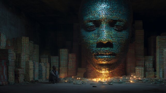 Luminous Mosaic Colossus: Towering Book Sculpture in Shadowed Chamber