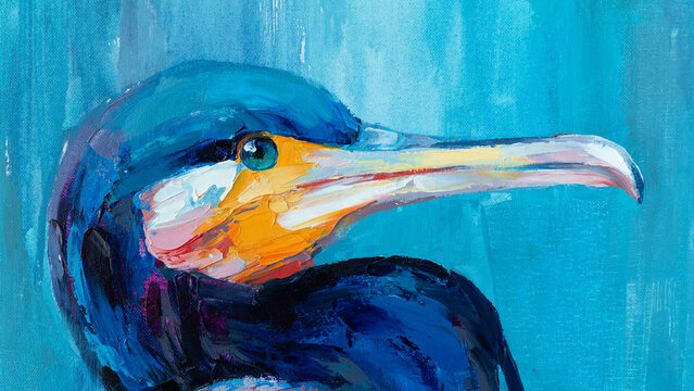 Bird cormorant painted with oil and acrylic, detailed work and fragments, highlighting the features and colors of each bird