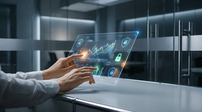 Person's hands interacting with a futuristic transparent touchscreen displaying security icons and data analytics, augmented reality