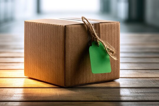Cardboard box on wooden surface with green tag, ready for shipping