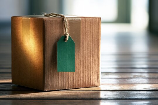 Cardboard box with twine and green tag on wooden surface