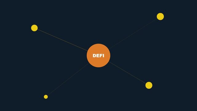3D render of DeFi network interface with connected nodes on dark background creating decentralized finance animation designed for blockchain visuals and video overlays.