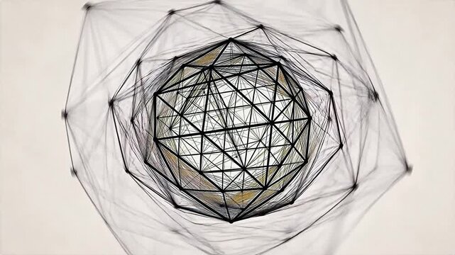 Geometric spherical structure formed by black lines and nodes in perspective view