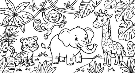 Cute jungle animals coloring page vector with elephant monkey giraffe tiger and tropical leaves © Jasim