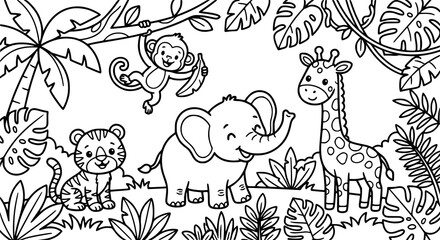 Jungle animal coloring worksheet vector with cute safari animals and tropical leaves © Jasim