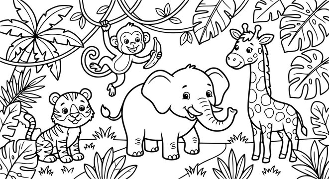 Cute jungle animals coloring page vector with elephant monkey giraffe tiger and tropical leaves