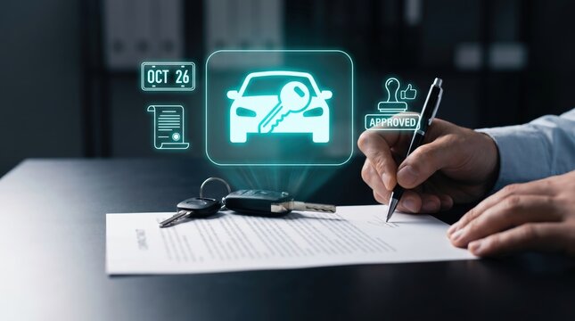 Futuristic Car Key Handover and Digital Vehicle Registration Concept: Holographic &lsquo;APPROVED&rsquo; Stamp