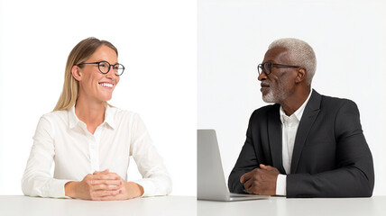 Fototapeta premium Two professionals engaged in virtual meeting, one smiling woman in white shirt and glasses, and one serious man in black suit with laptop