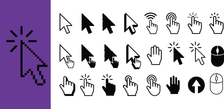 Click cursor set icon, arrow and hand pointer, computer cursor mouse forms
