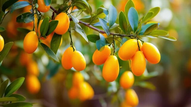 Kumquats ripening on a tree branch, symbolizing freshness, harvest, and natural healthy food