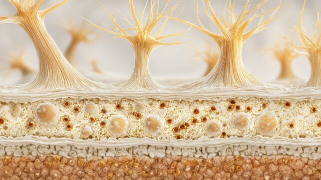 Microscopic cross section of human skin tissue layer with hair follicles and fat cells medical illustration displaying detailed dermatology anatomy structure epidermis dermis subcutaneous layers