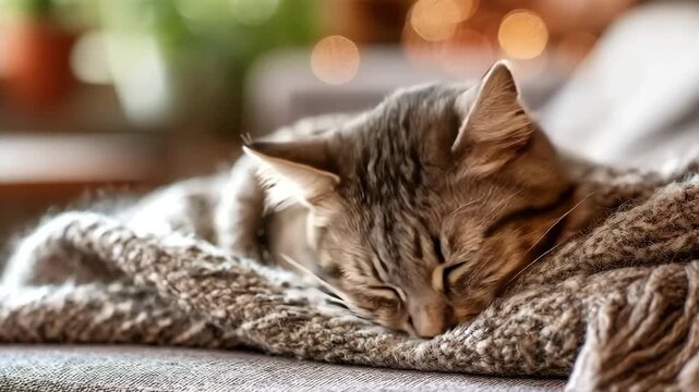Relaxing domestic tabby cat resting comfortably on a warm knitted gray blanket