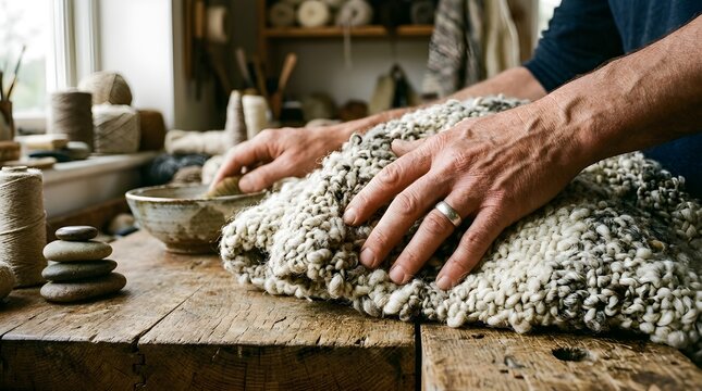 Hands kneading raw wool fiber on wooden worktable in craft workshop