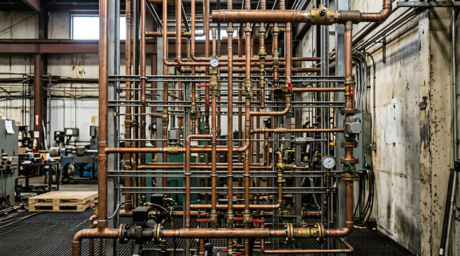 Industrial copper pipe system with valves and gauges in a factory setting