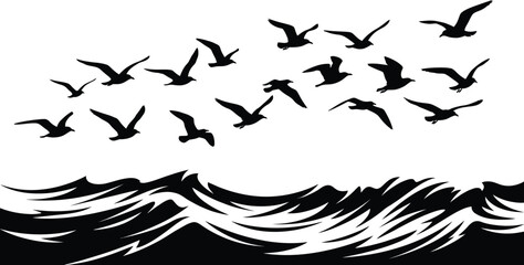 Black silhouette of seagulls flying over ocean waves on white background, birds flying birds © hr graphics