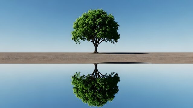 A Solitary Trees Reflection Mirrored in Calm Water Under a Clear Sky.