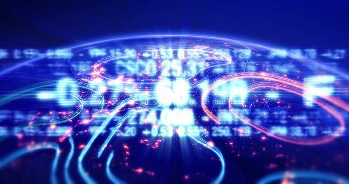 Global financial data animation on blue digital earth background. Business And Finance Related 3D Animation.