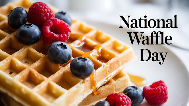 A stack of golden waffles topped with fresh blueberries, raspberries, and syrup, celebrating National Waffle Day.