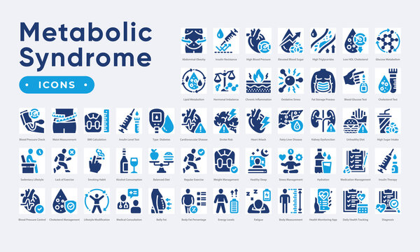 Metabolic syndrome icon set featuring obesity, diabetes, cholesterol, hypertension, and healthy lifestyle management. Simple solid vector.