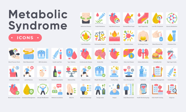 Metabolic syndrome icon set featuring obesity, diabetes, cholesterol, hypertension, and healthy lifestyle management. Simple flat color vector.