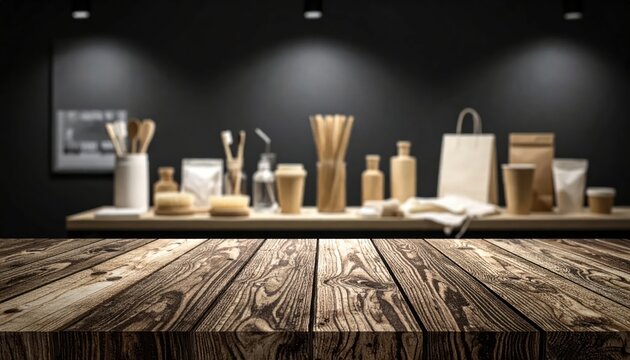 Eco-friendly products display on a wooden shelf with dark background.