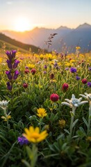 Obraz premium Vibrant Alpine Meadow at Sunset with Diverse Wildflowers and Majestic Mountains.