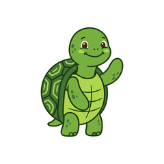 Obraz premium Smiling Green Turtle Cartoon Character Waving Isolated On Transparent Background Friendly Baby Reptile Mascot Standing Upright For Kids Education Stickers And Clipart